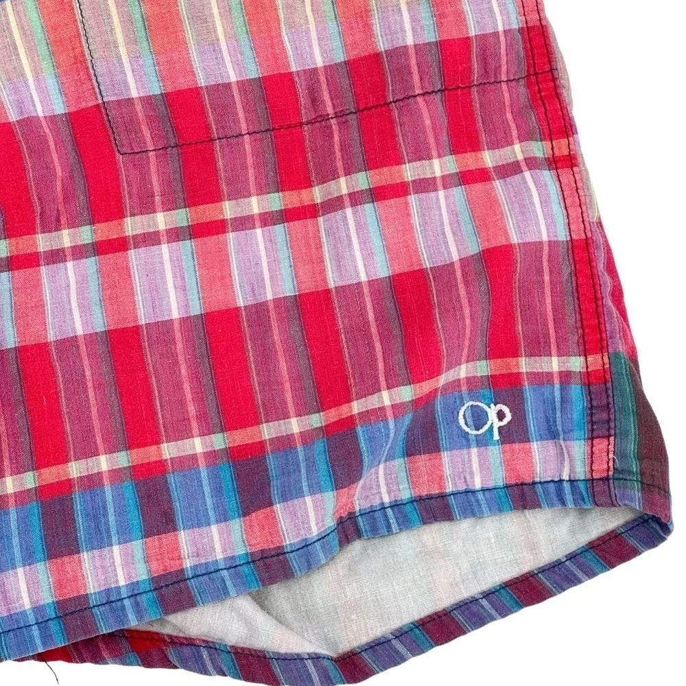 Vintage OP Ocean Pacific Swim Trunks Multicolor Madras Plaid | S/M 31” Waist